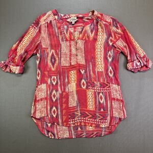 Como Vintage Women’s Top Blouse Size Large Red Multicolor Geometric Roll Sleeve